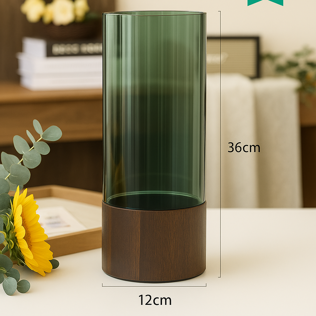 Vaso de Vidro com Base de Madeira