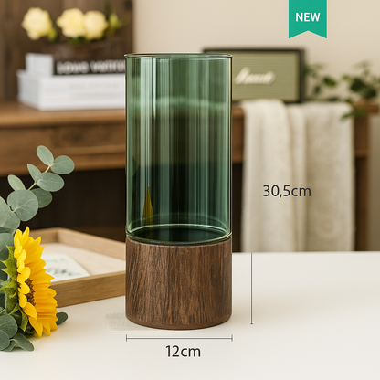 Vaso de Vidro com Base de Madeira