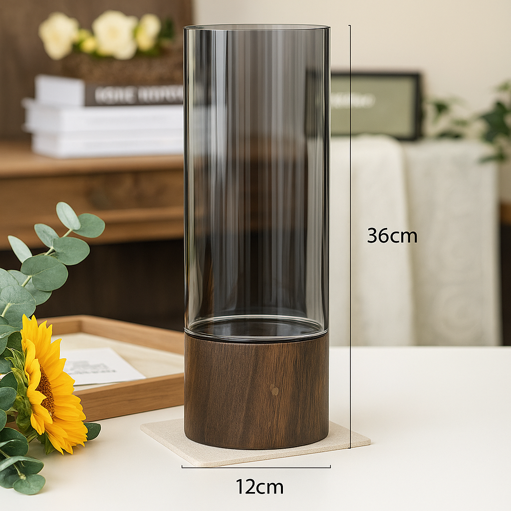 Vaso de Vidro com Base de Madeira